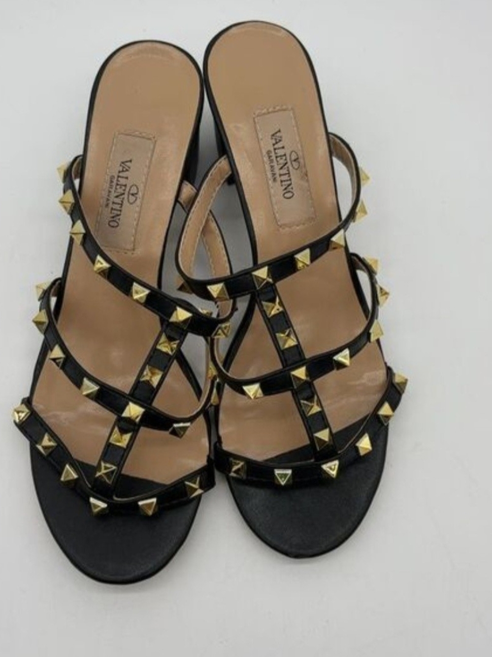 Valentino Black Leather Strappy Heels with Gold Rockstuds EU40